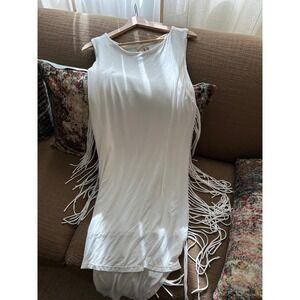 Sea Gypsies Boho White Fringe Mini Dress - Size S - Modal‎ Blend